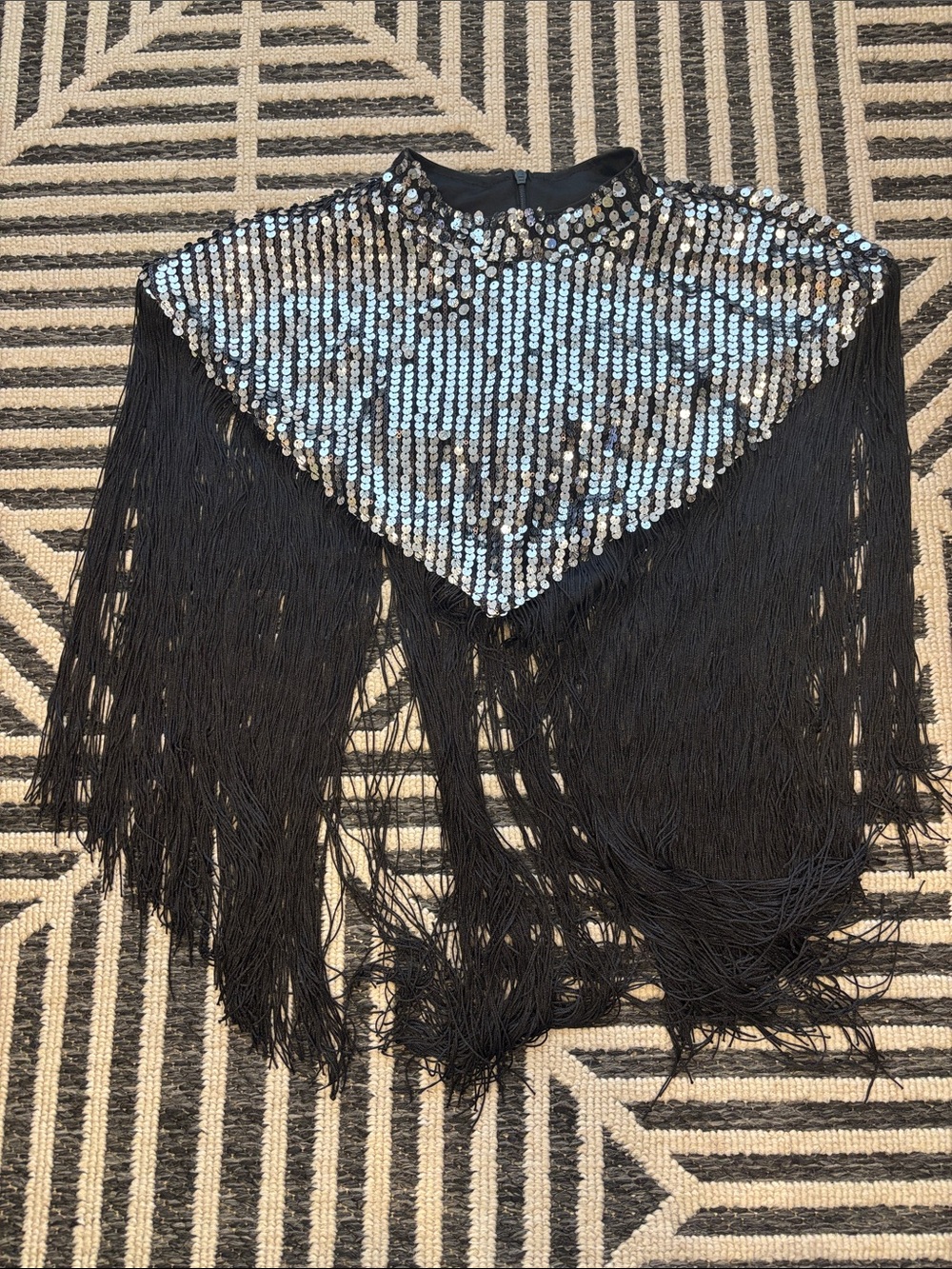 Sequin Fringe Capelet - Black
